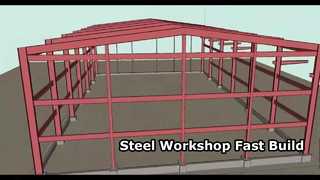 Taller de producción y procesamiento de estructuras de acero con techo inclinado.